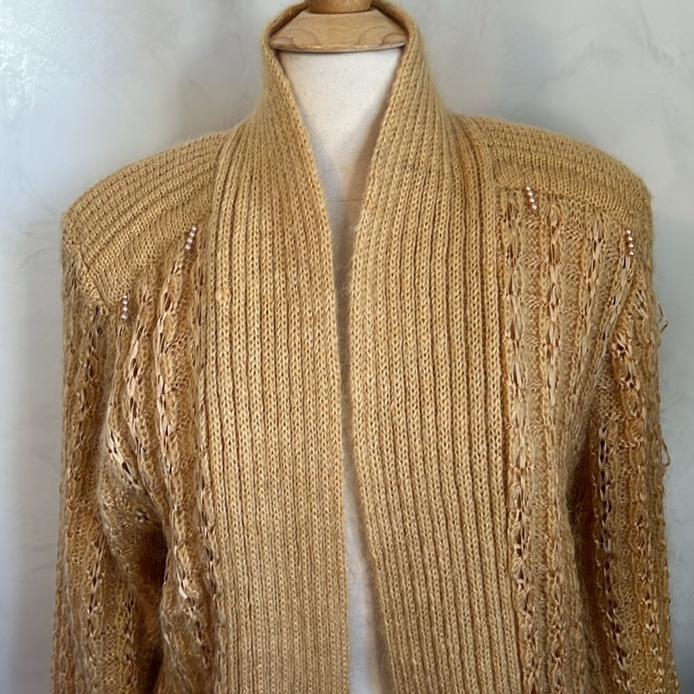Alexa Grace Gold Wool & Mohair Blend Cardigan ribbon & pearl details Size Medium - Picture 6 of 17